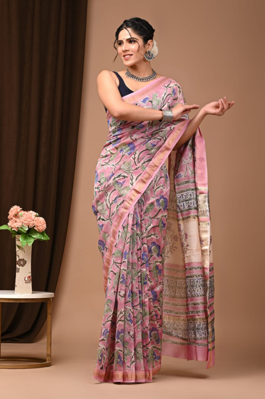 Pink, Blue, and Green Floral Hand-Block Print Maheshwari Silk Saree
