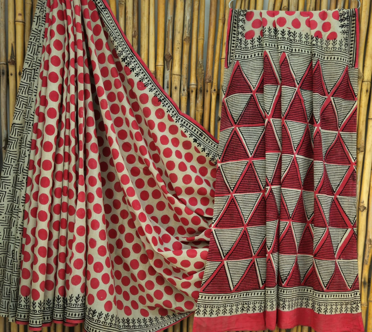 Red, Black & White Geometric Hand-Block Printed Mulmul Cotton Saree with Blouse (6.5 Meters, 92*80, 100% Pure Cotton Fabric)