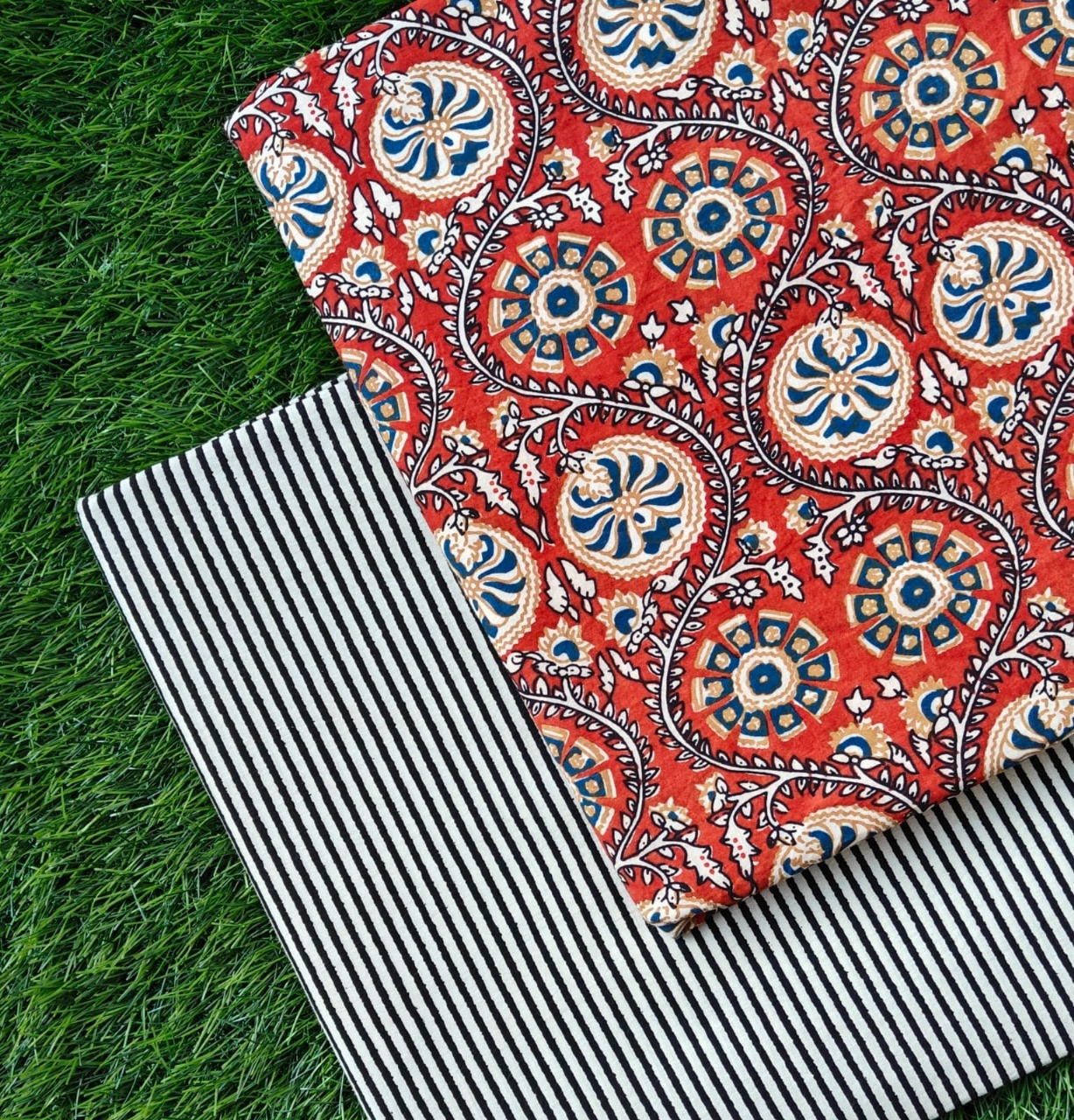 Red, Black & Beige/Gold Floral and Striped Dabu Bagru Hand Block Print Cotton (60/60) Cambric Unstitched Suit Material (Top 2.50 MTR + Bottom 2.50 MTR)