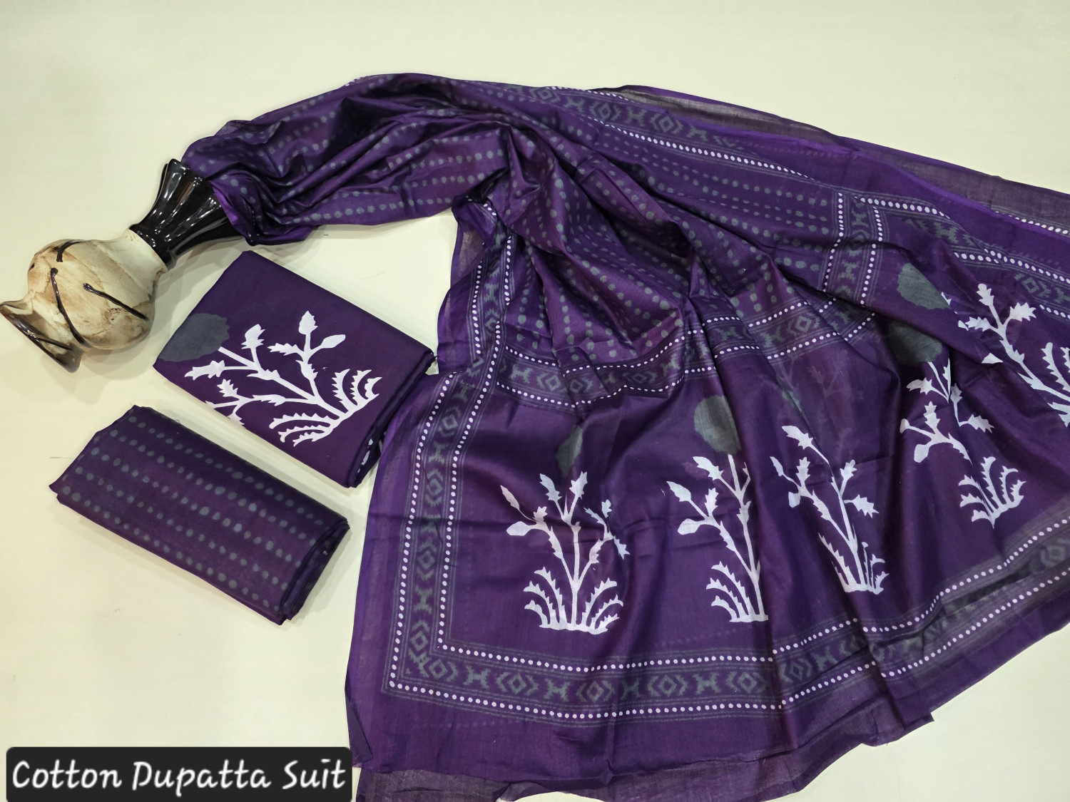 Purple/Wine Floral and Geometric Hand Block Print cotton dupatta suit.