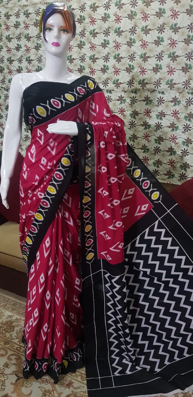 Vibrant Magenta Pink Cotton Saree with Traditional White Ikat Motifs and Geometric Borders