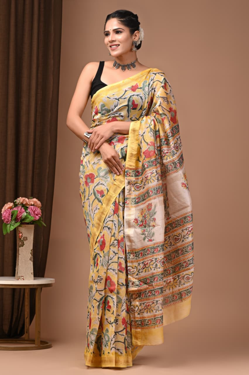 Yellow and Cream Maheshwari Silk Saree with a Contrast Border and Floral Print/Hand Block Print.