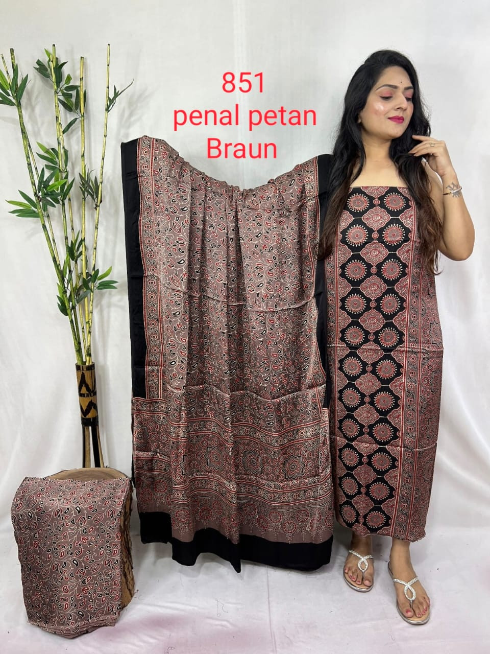 brown and black color  Ajrakh hand block printing saree suit