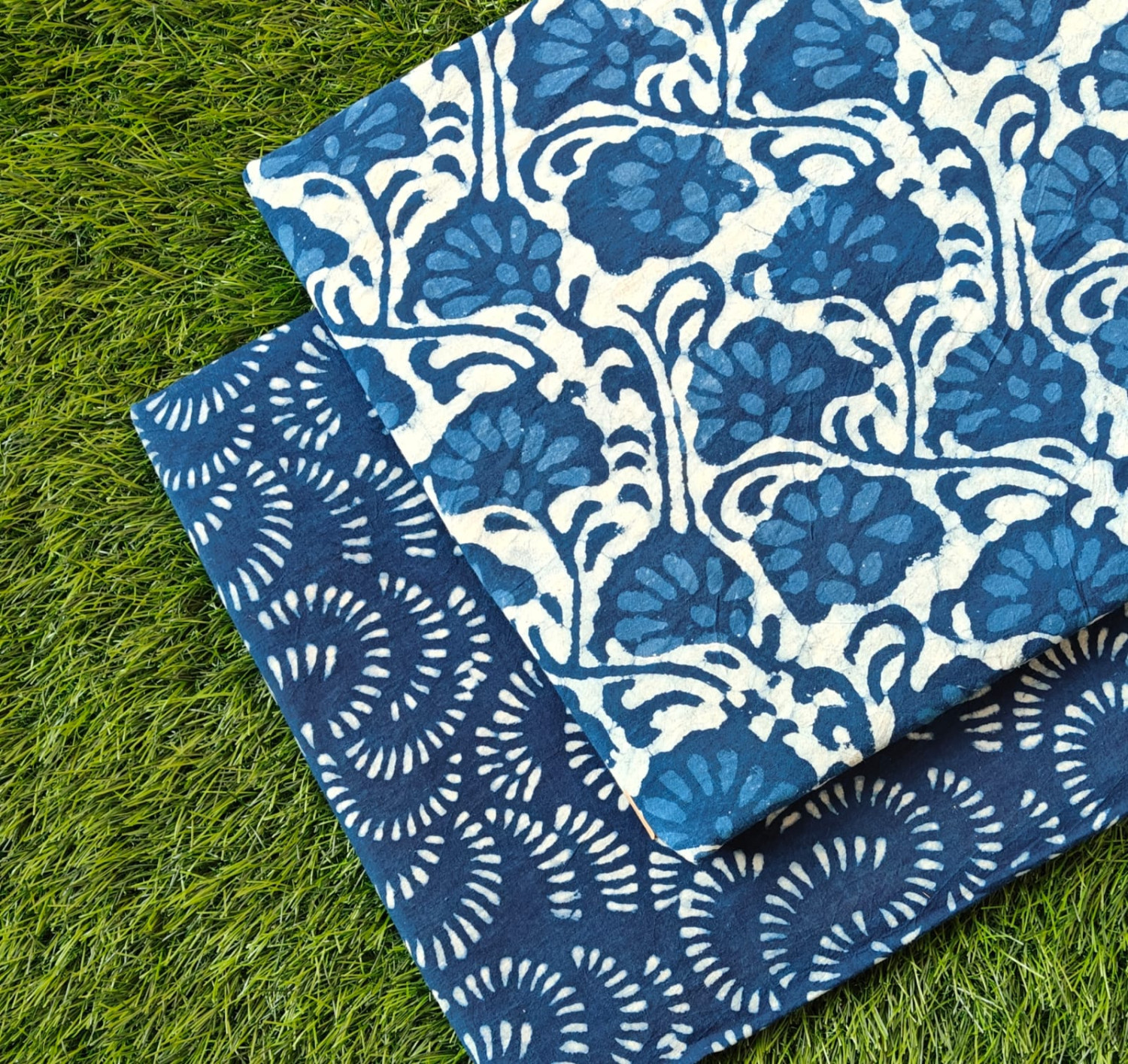 Indigo Blue 'Kamal & Scallop Motif' Hand-Block Bagru Dabu Print Cotton (60/60) Cambric Suit Set – Top 2.50 MTR + Bottom 2.50 MTR