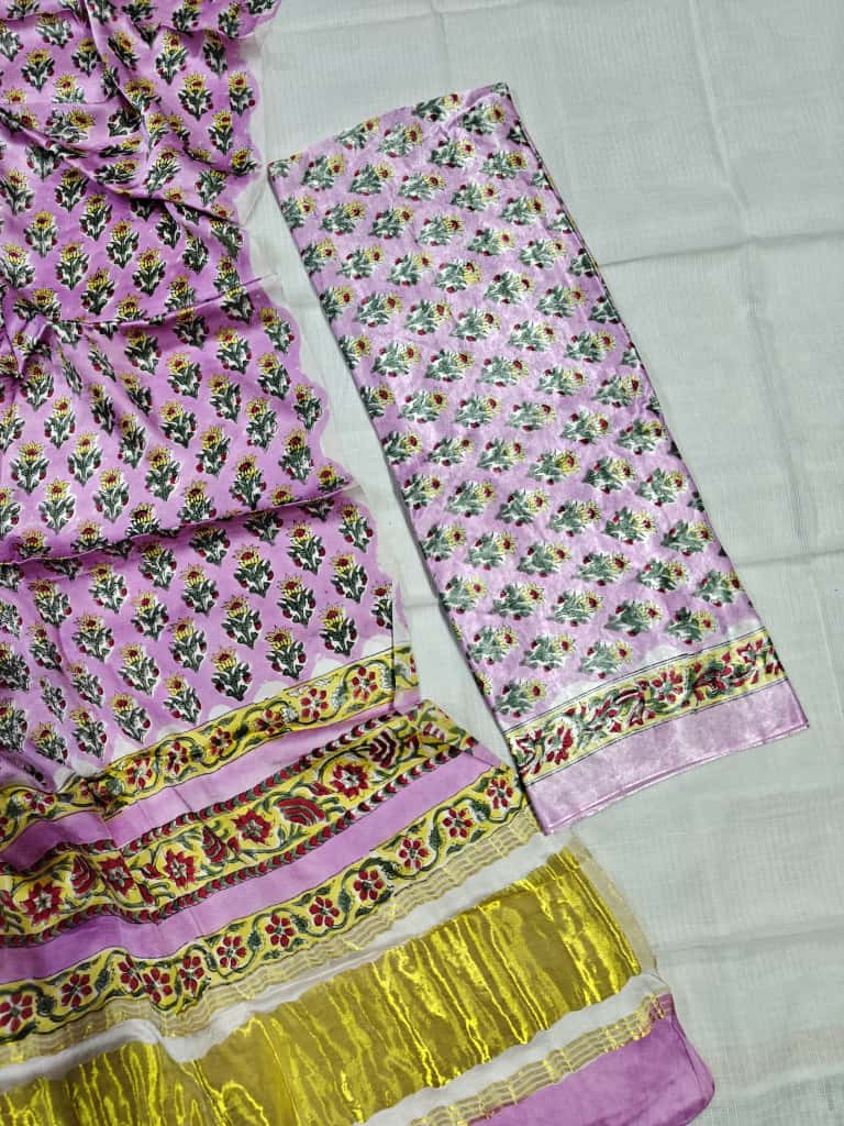 Lavender & Yellow "Poppy Garden" Hand-Block Printed Maheshwari/Modal Suit Set