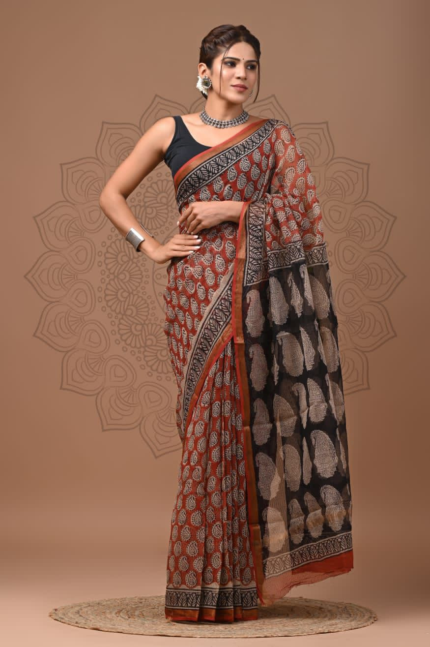 Rust Red & Black Hand Block Print Kota Doria Saree