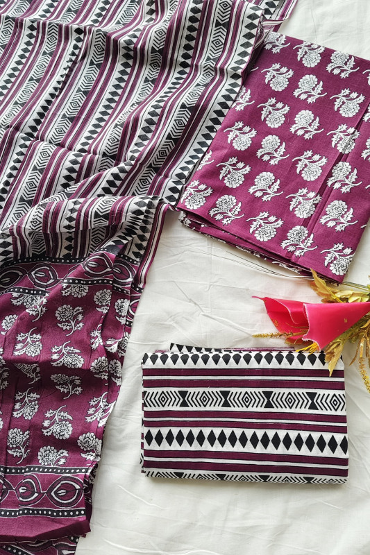 burgandy Hand Block Printed unstitched suit Material for Women 2.5 Mtr top and 2.5 Mtr Bottom and 2.5 Mtr Dupatta
