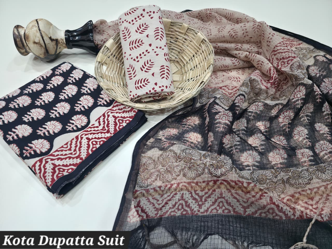 Black and Beige Hand Block Print Cotton Suit with Kota Doria Dupatta.