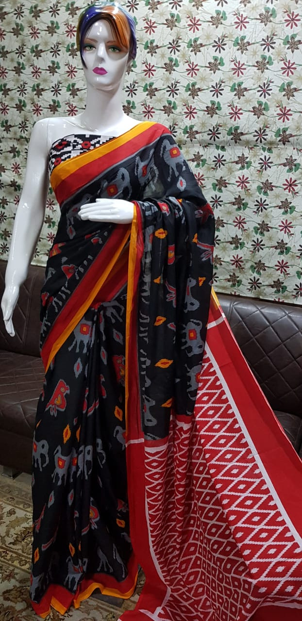 Black and Red Pochampally Ikat Saree with traditional elephant and bird motifs.
