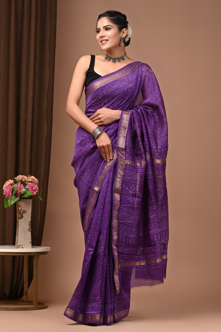Purple Maheshwari Silk Saree with a Gold Border and Hand Block Print.