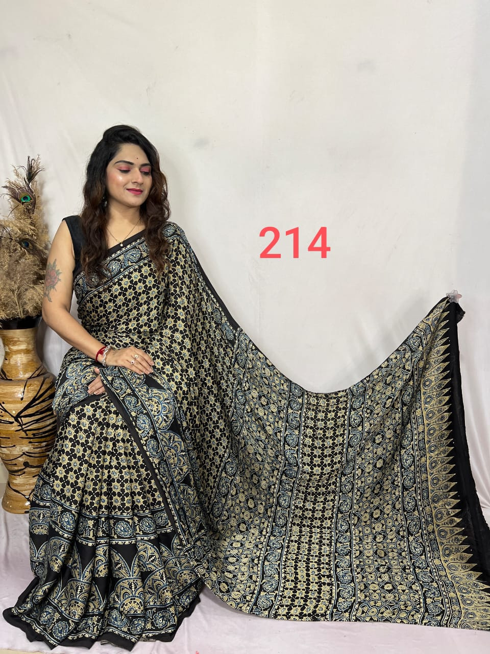 Black & Beige Ajrakh Hand Block Print Modal Silk Saree.