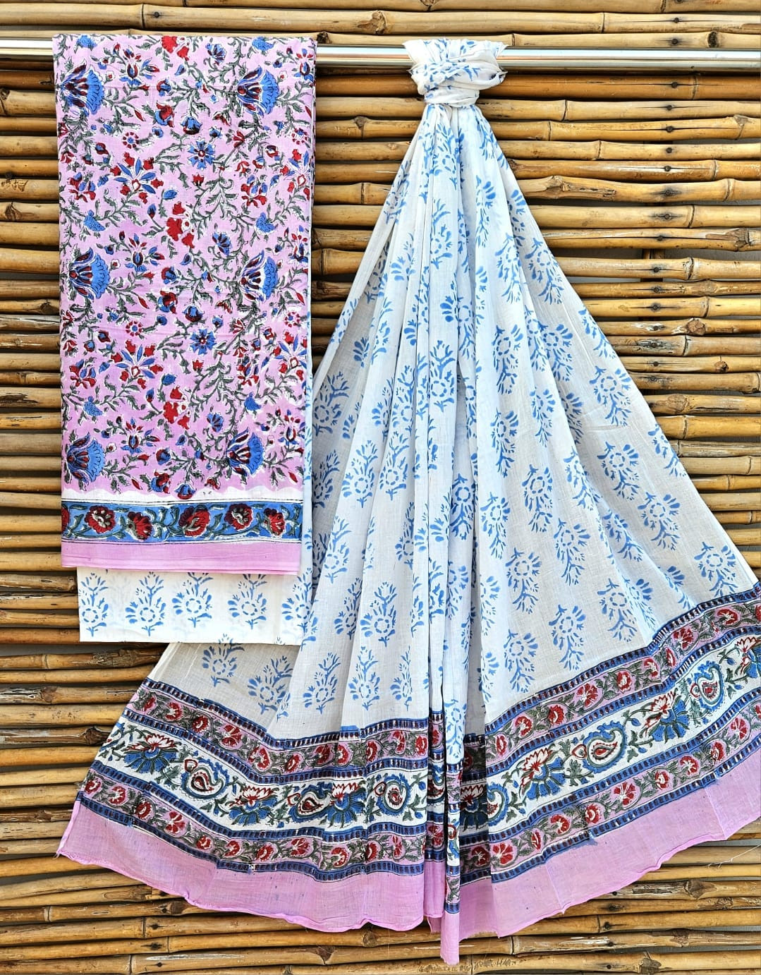Vibrant Pink and Blue Hand Block Print Cotton Suit Set