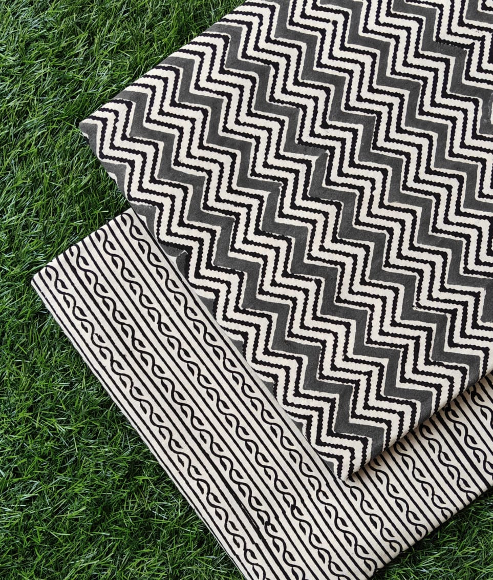 Black & White Zigzag & Striped Hand-Block Print Cotton (60/60) Cambric Unstitched Suit Set
