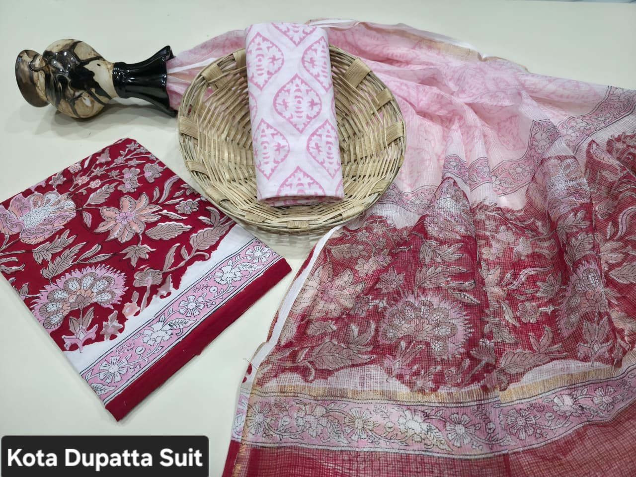 White, Red, and Pink Floral Hand Block Print Cotton Suit with Kota Doria Dupatta.