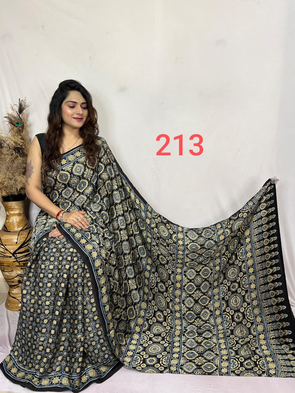Black Modal Silk Ajrakh Print Saree