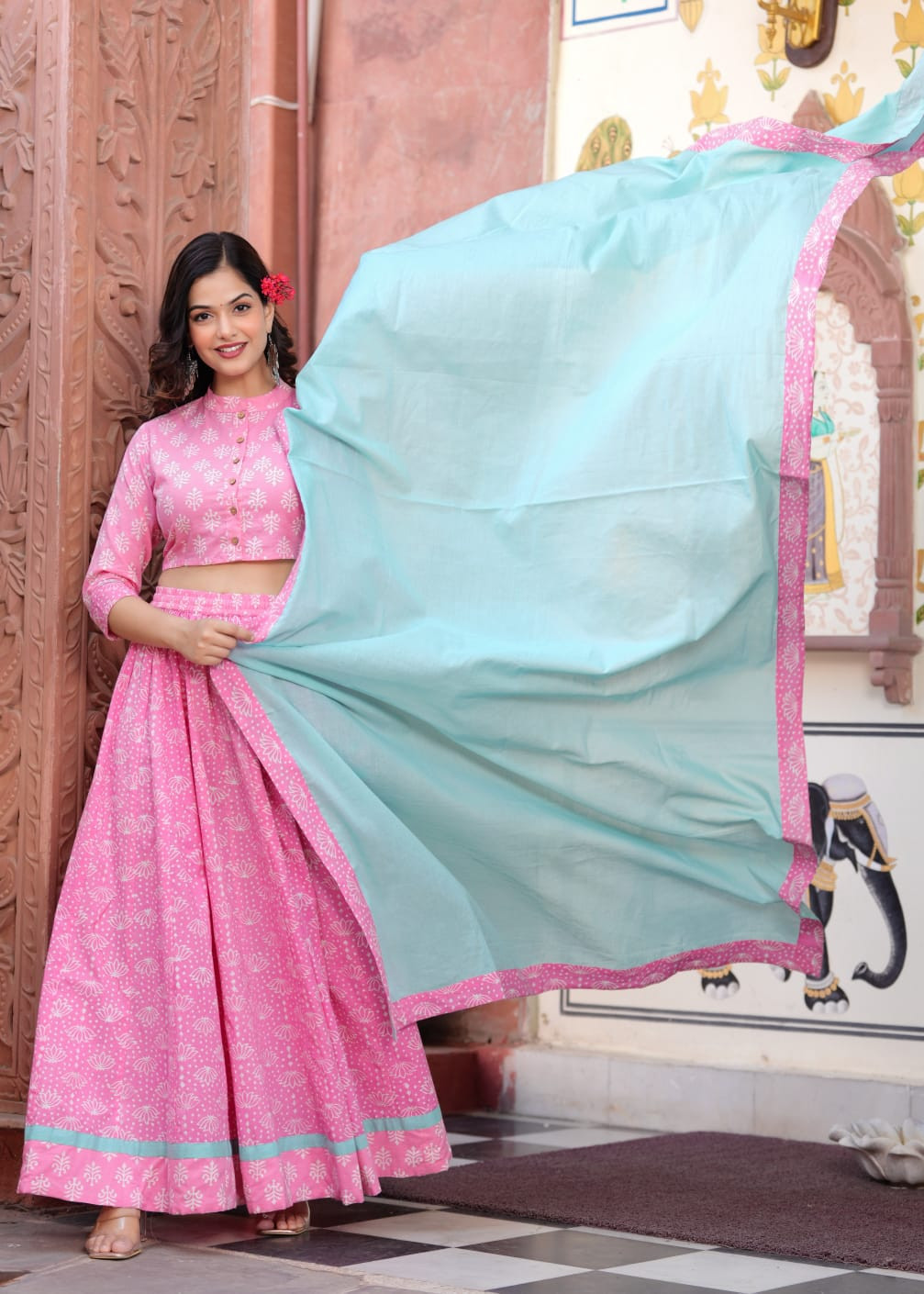 Pink Printed Cotton Lehenga Choli with a Sky Blue Dupatta