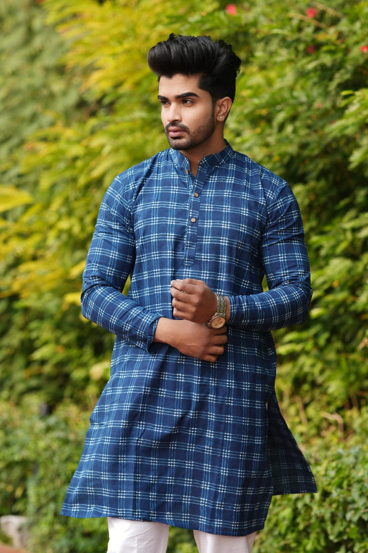 Royal Blue and White Checkered Cotton Men's Kurta