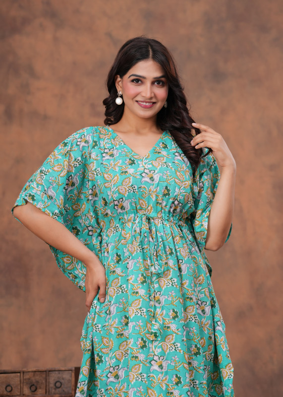 Turquoise Floral Print Cotton Kaftan