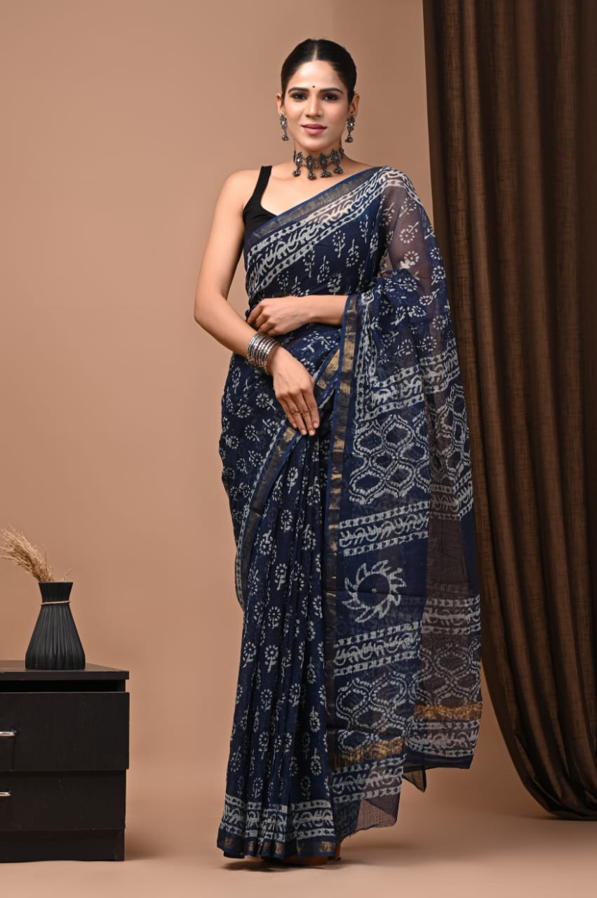 Hand Block Printed Indigo Dabu Bagru Kota Doria Saree
