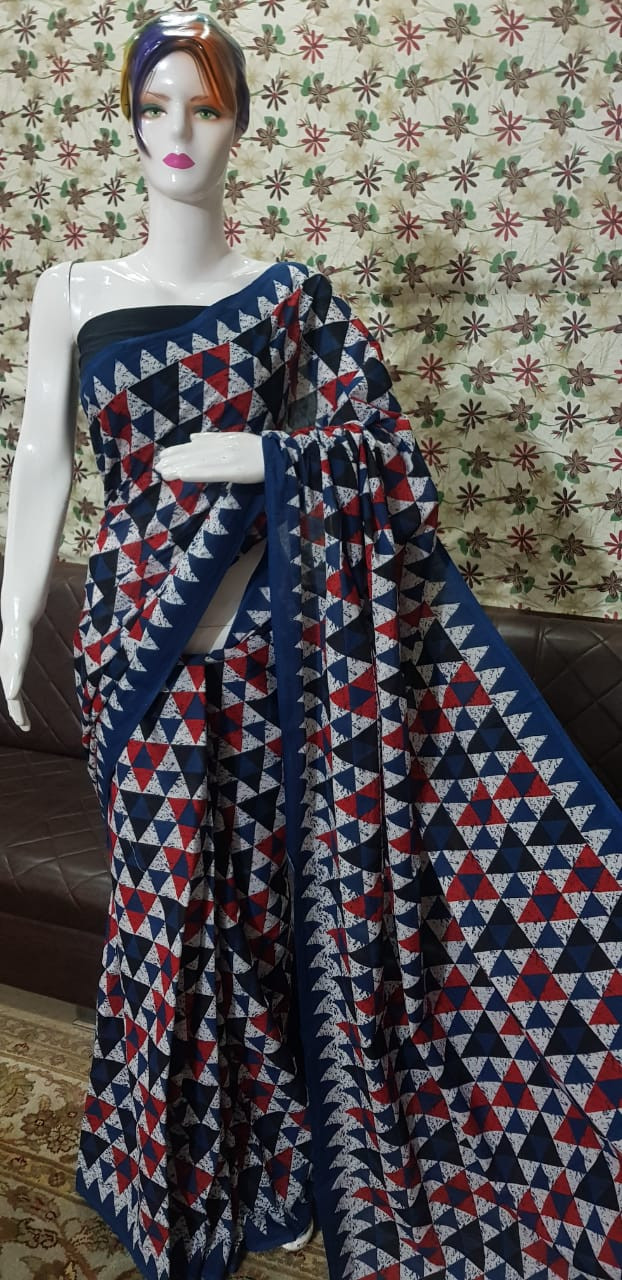 Midnight Navy Blue Cotton Saree with Multicolored Triangular Geometric Prints.