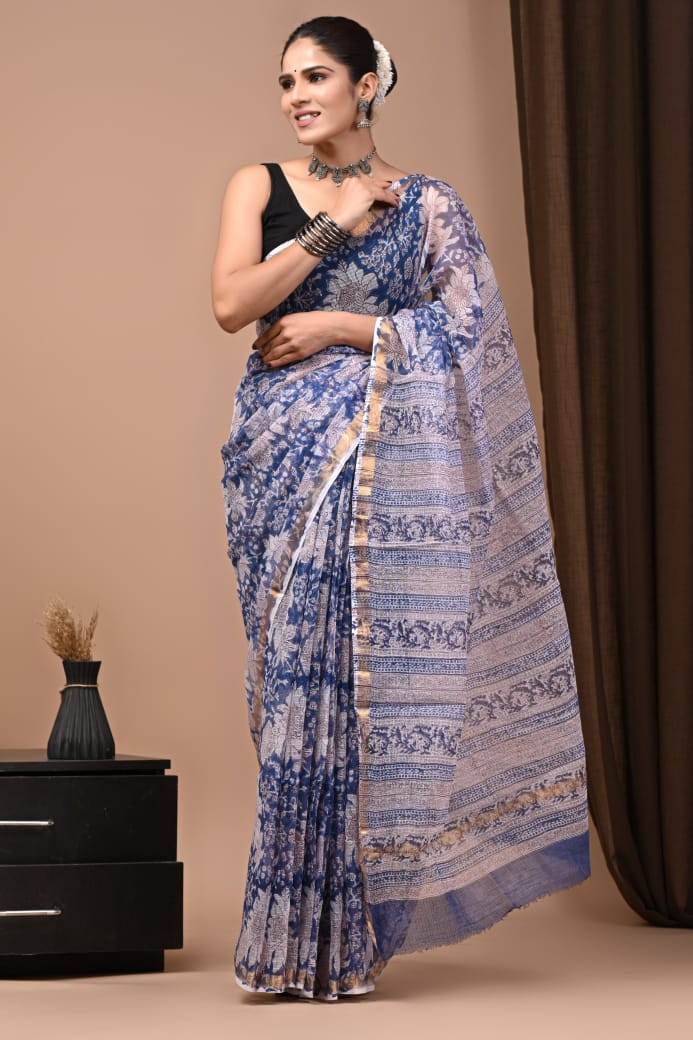 Blue Hand Block Printed Kota Doria Saree