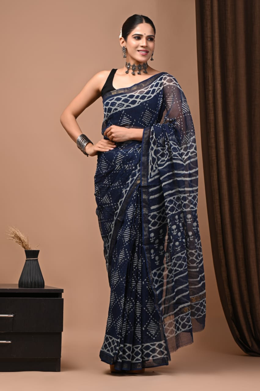 Indigo Blue Kota Doria Saree Handmade Dabu/Bagru Hand Block Printed