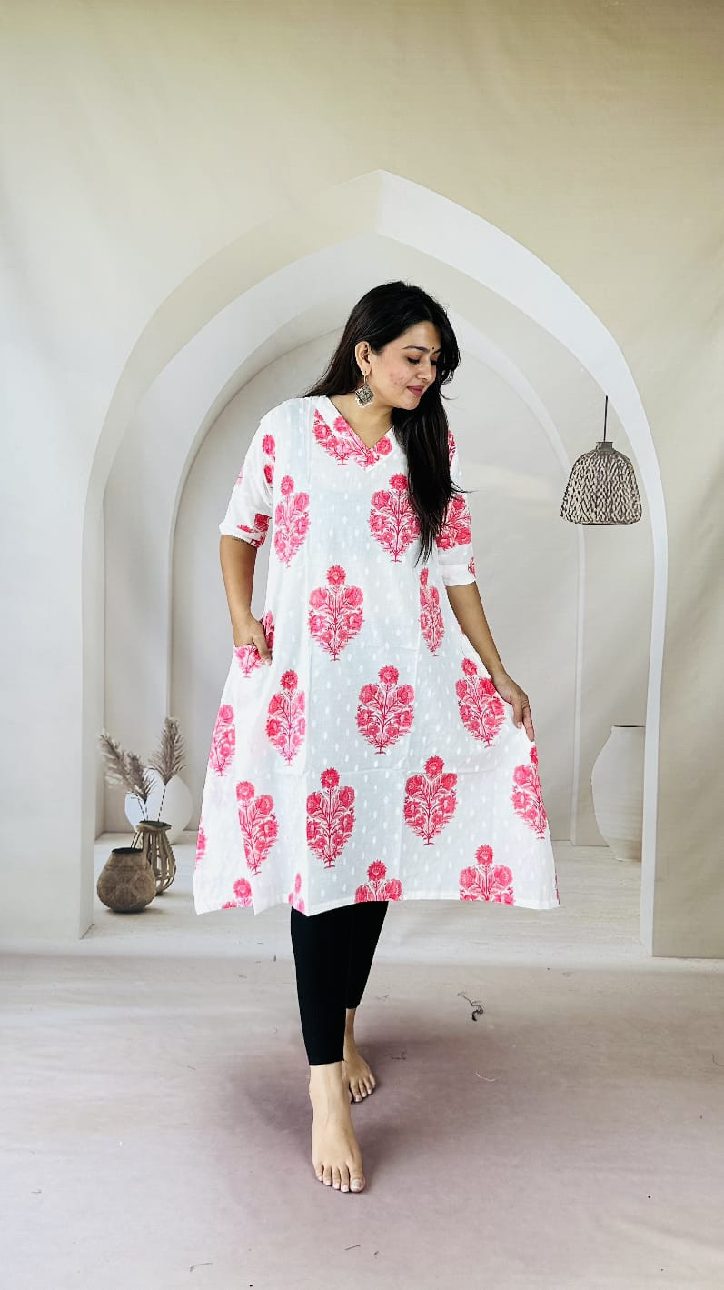 white and hot pink hand block printed cotton  Kurti
