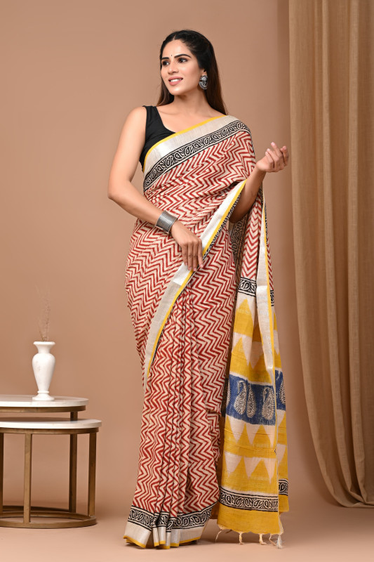 Red hand block printed saare with Silver and Yellow  Border