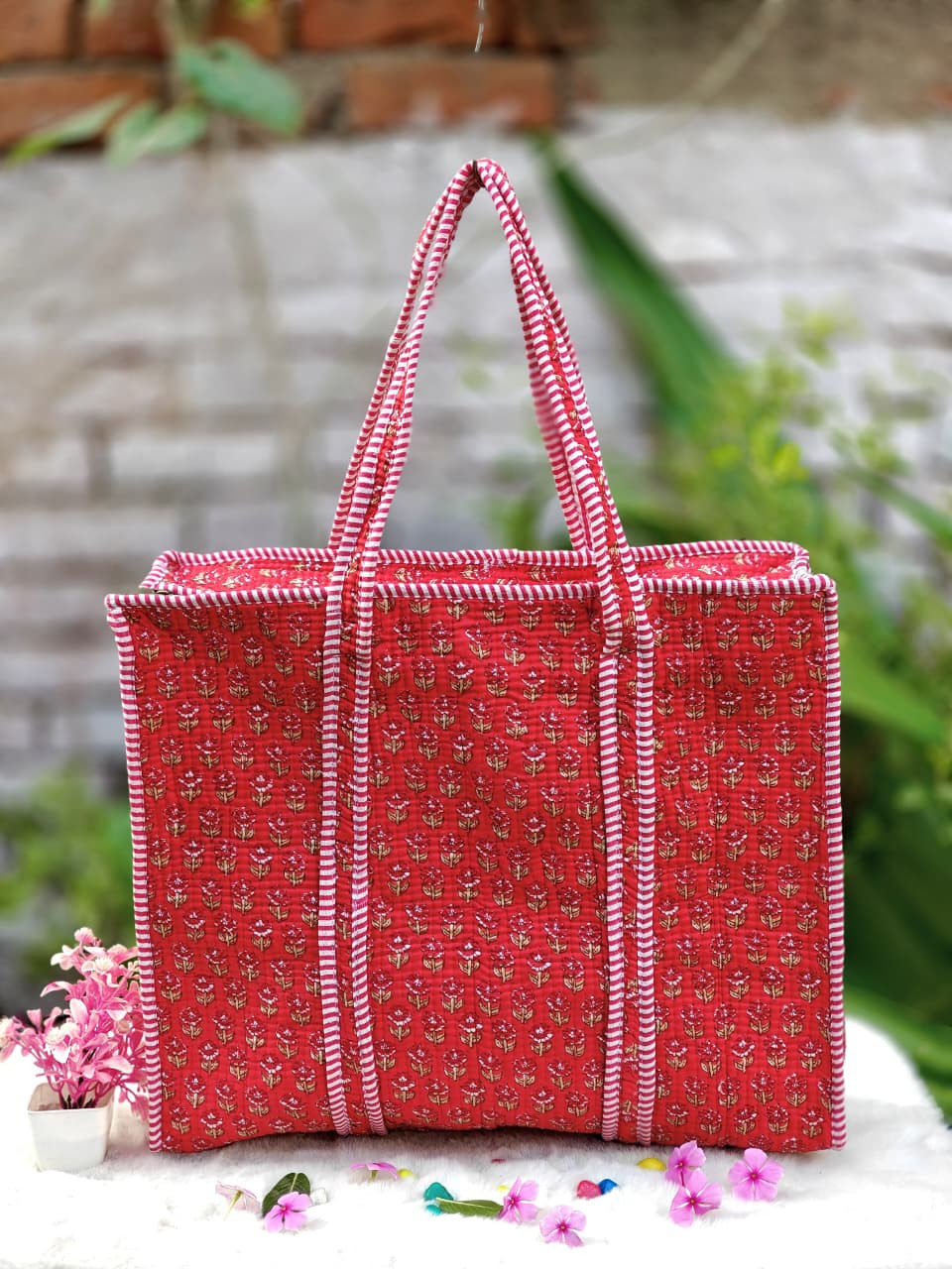 Red Handblock Quilted Tote Bag