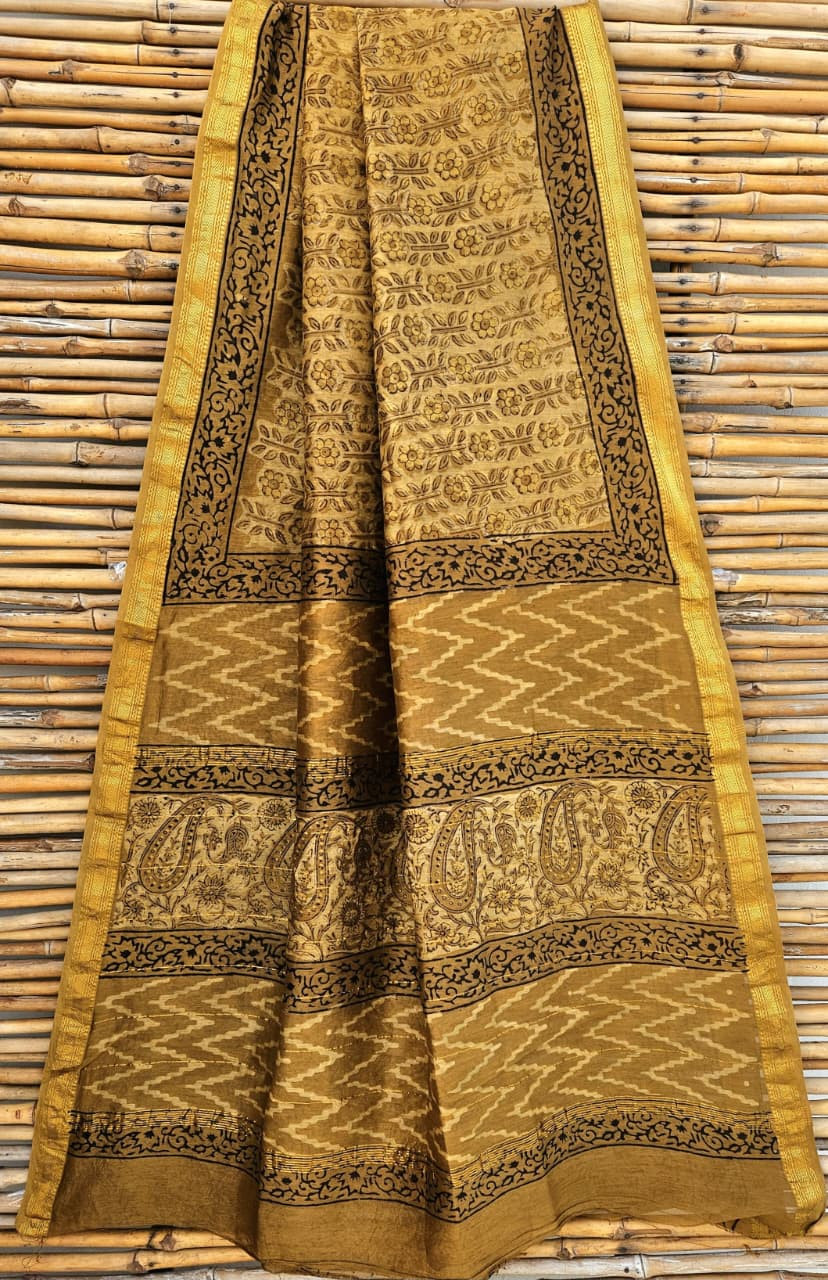 Mustard yellow Maheshwari silk cotton blend hand block print saree with a black border and traditional motifs