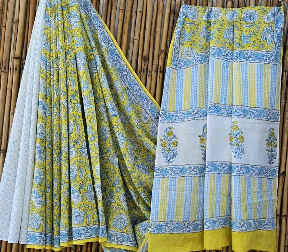 Lemon Yellow & Sky Blue Hand Block Printed 100% Pure Mulmul Cotton Saree (6.5 Mtrs, 92*80)