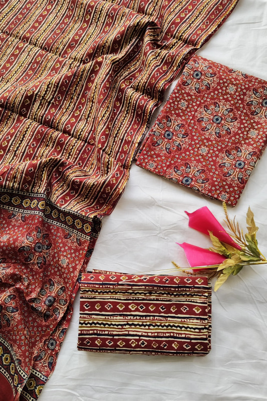 Classic Maroon Hand Printed Cotton  unstitched suit Material for Women 2.5 Mtr top and 2.5 Mtr Bottom and 2.5 Mtr Dupatta