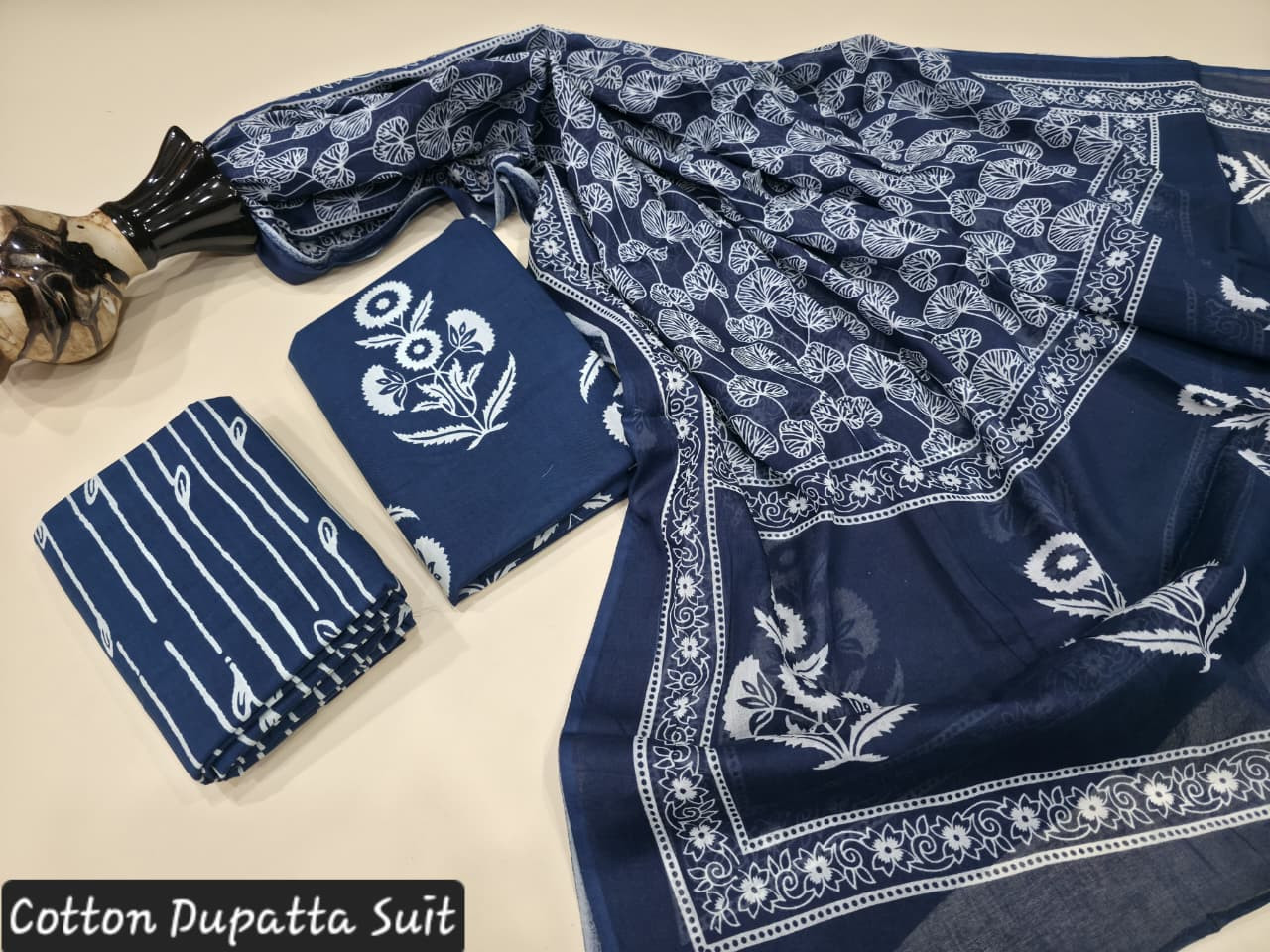 indigo blue and white dabu hand block print cotton dupatta suit