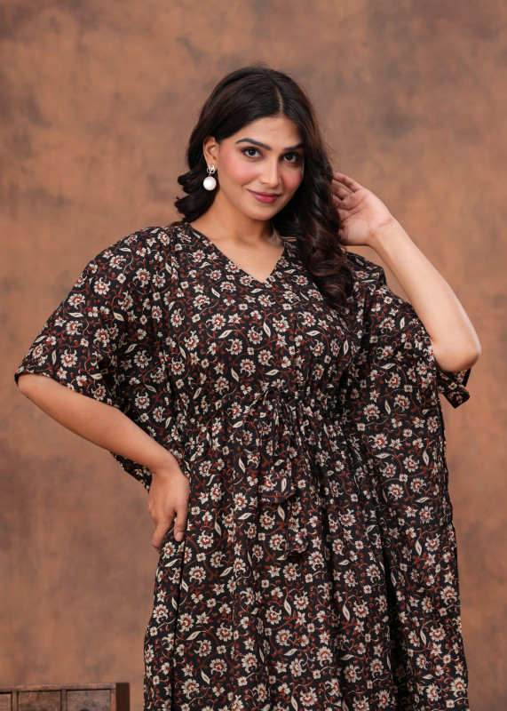 Black Floral Print Cotton Kaftan