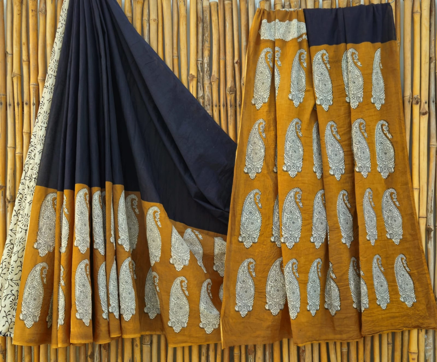 Black & Mustard Yellow Kalamkari Hand-Block Printed Mulmul Cotton Saree with Blouse (6.5 Meters, 92*80, 100% Pure Cotton Fabric)