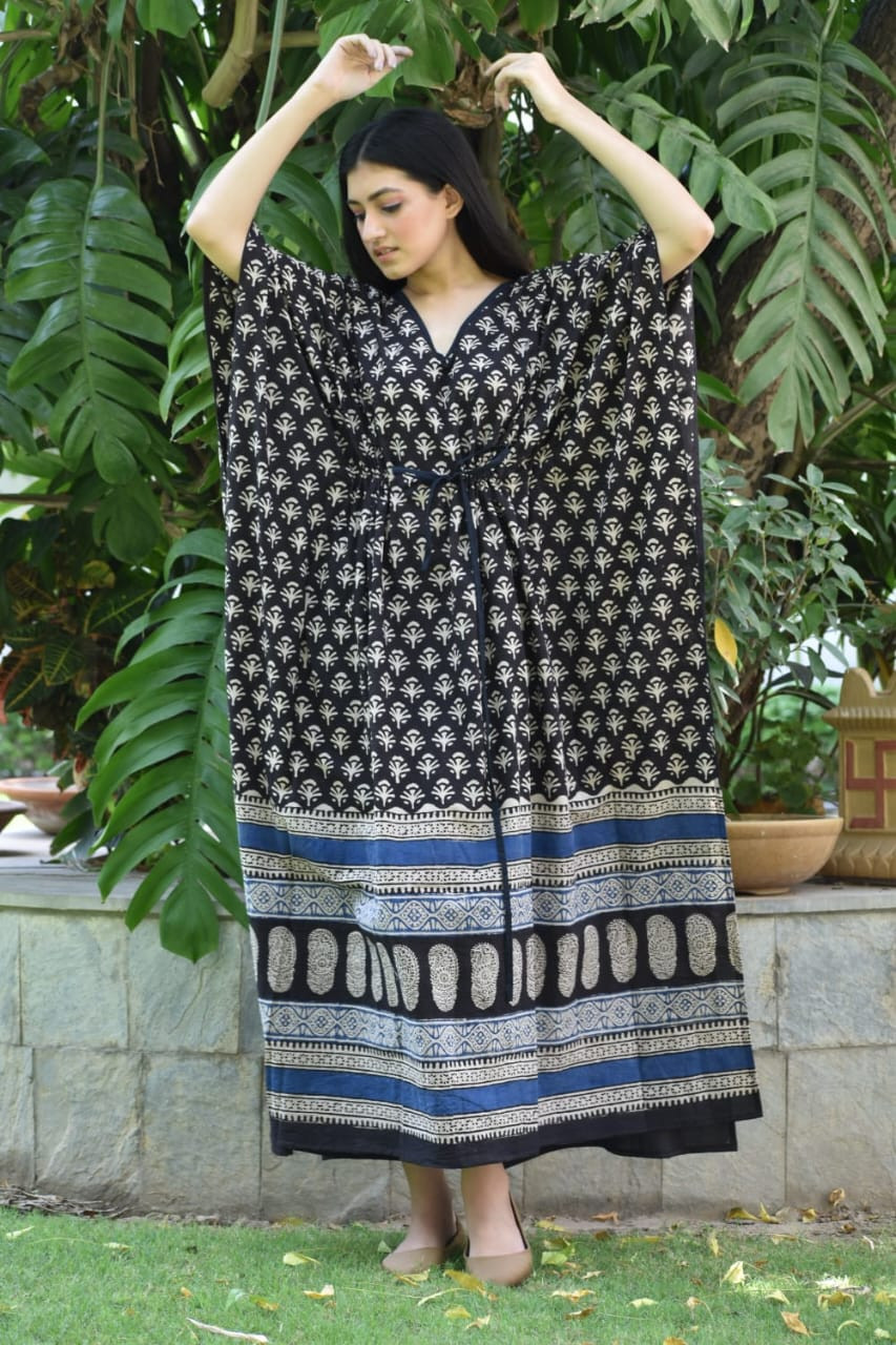 Black Kaftan Dress with Bagru Hand Block Print