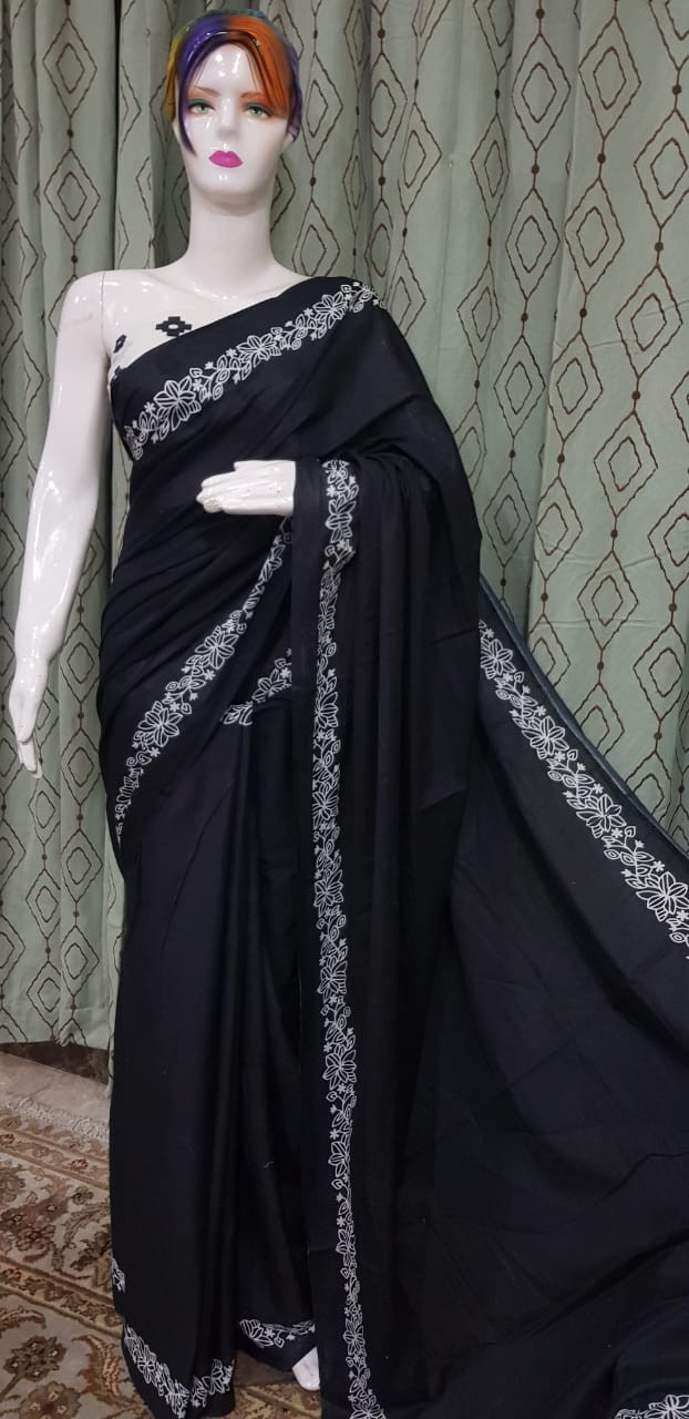 Classic Ebony Black Cotton Saree with Elegant White Floral Border Embroidery.