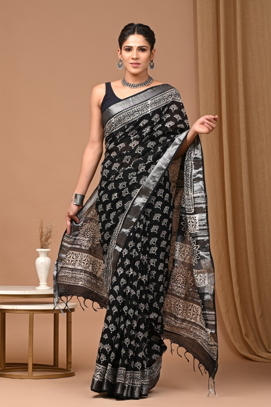 Black Hand Block silver printed  Printed Linen Saree