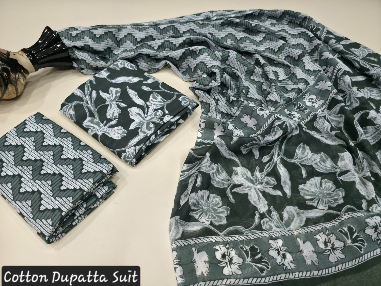 Teal Green and White Floral Hand Block Print cotton dupatta suit.