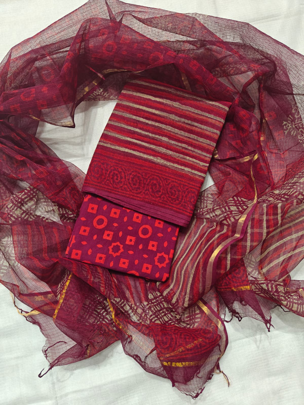 Maroon and Wine Leheriya & Ajrakh Hand Block Printed Kota Doria Suit with Zari Border.