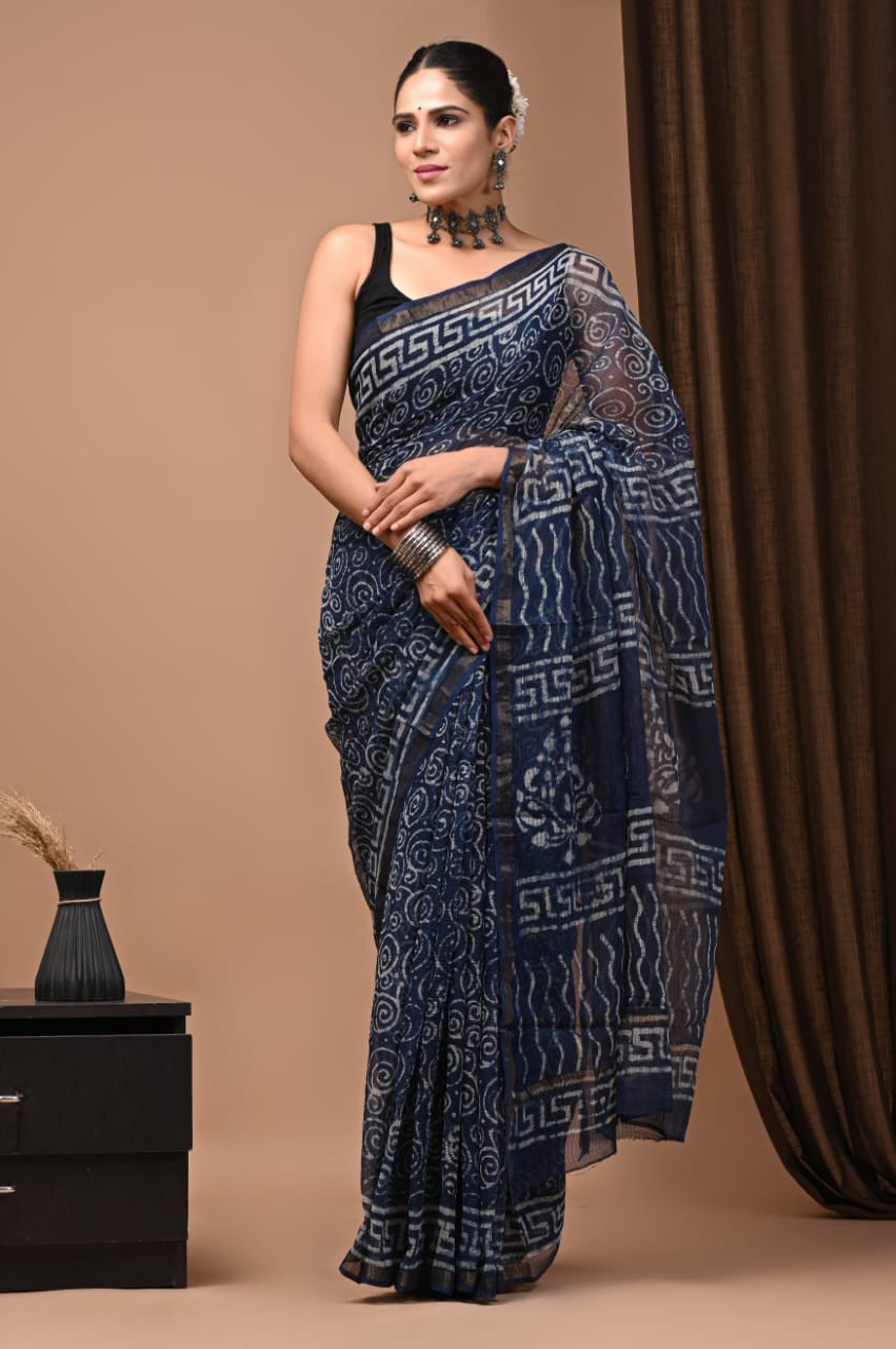 Indigo Blue Hand Block Printed Kota Doria Saree