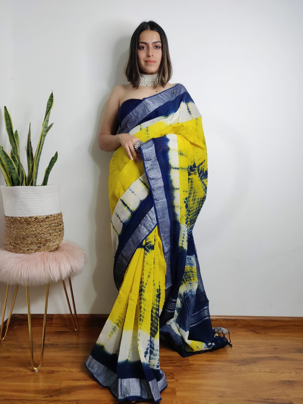 Blue and Yellow Shibori Tie-Dye Linen Cotton Saree with a Silver-Toned Border.  hand block  printed Sarees with blouse