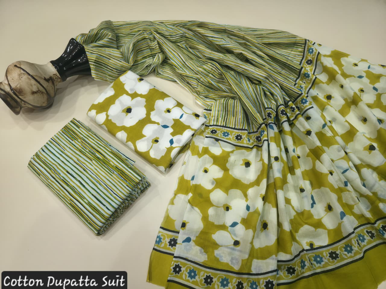 mustard yellow and white Sanganeri hand block print cotton dupatta suit with blue border accents.