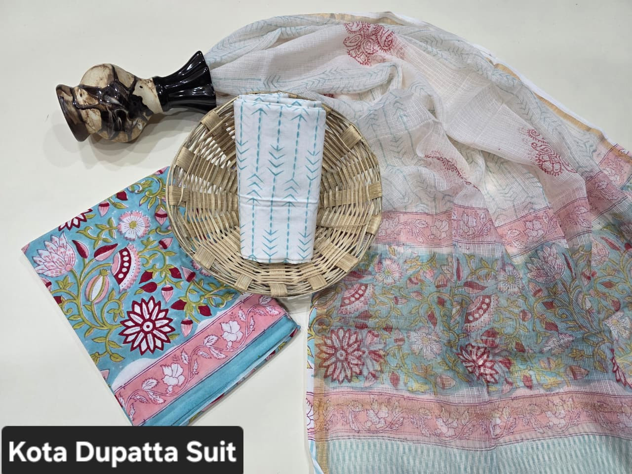 Teal & Pink Floral Hand Block Print Cotton Suit with a sheer Kota Doria Dupatta.
