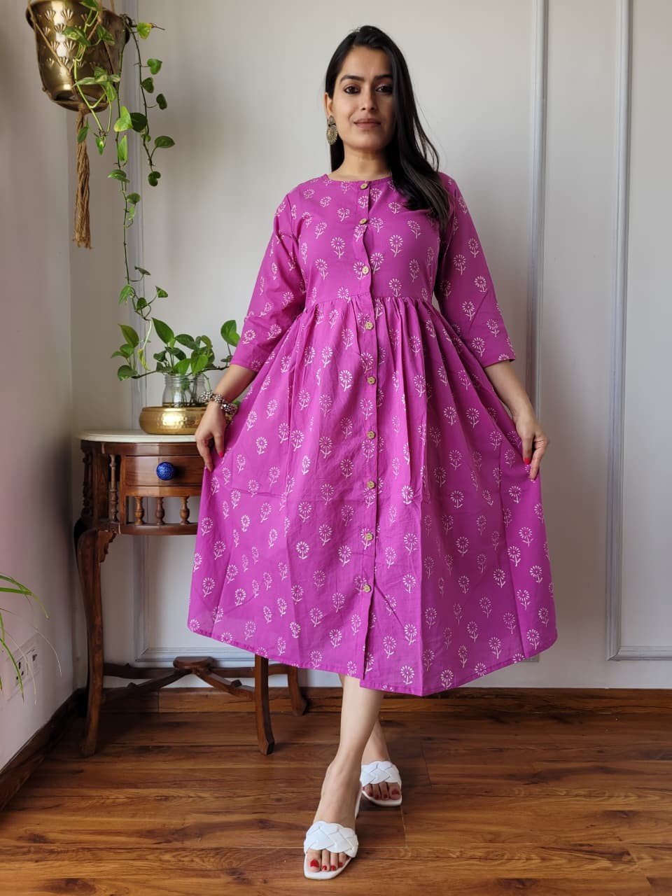 Fuchsia Pink and White Cotton Hand Block Printed A-Line One Piece Dress with a round neckline and front button placket.