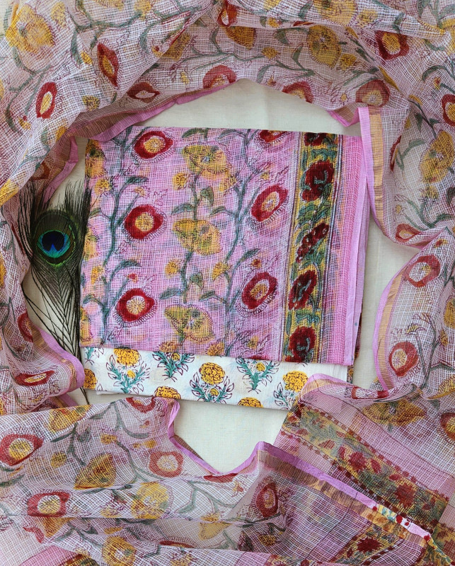 Pink and White Floral Handblock Printed Cotton Kota Doria  suit 2.5m top & dupatta and 2.5m cotton cambric bottom
