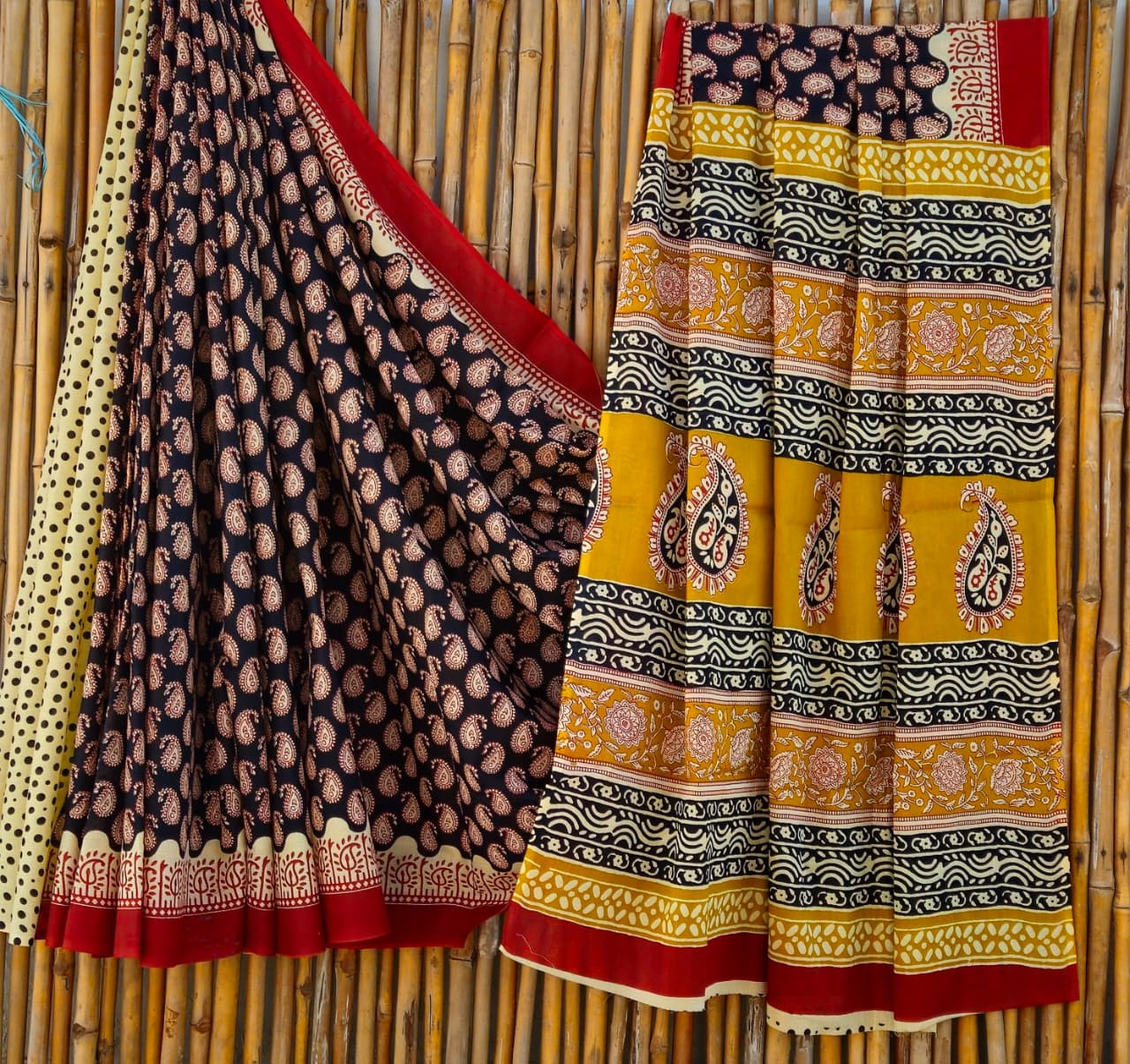 Black & Mustard Yellow Hand Block Printed 100% Pure Mulmul Cotton Saree (6.5 Mtrs, 92*80)
