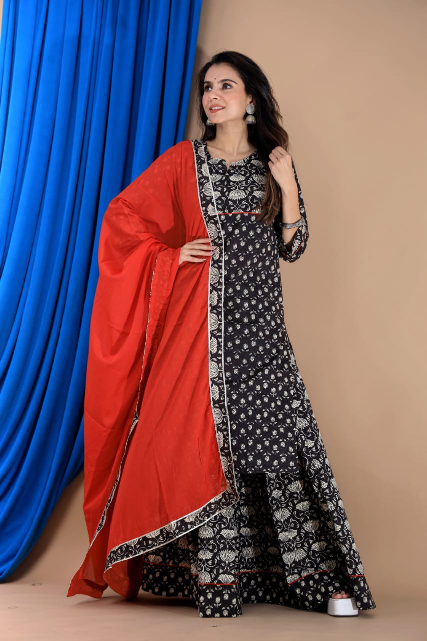 Red & Black Hand Block Printed Cotton Long Kurta & Skirt with Dupatta