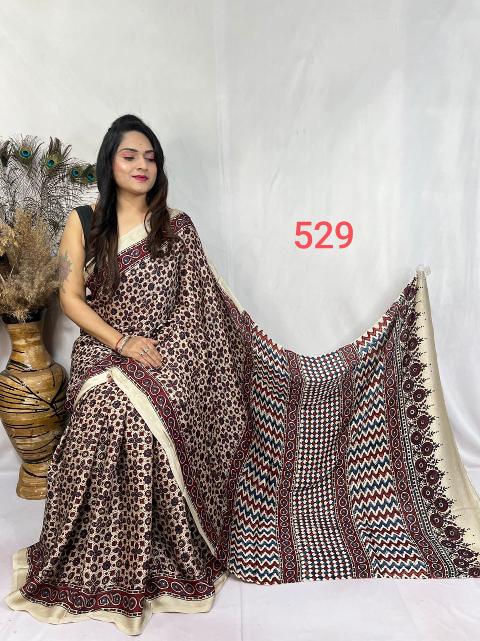 Cream and Red Modal Silk Ajrakh Print Saree