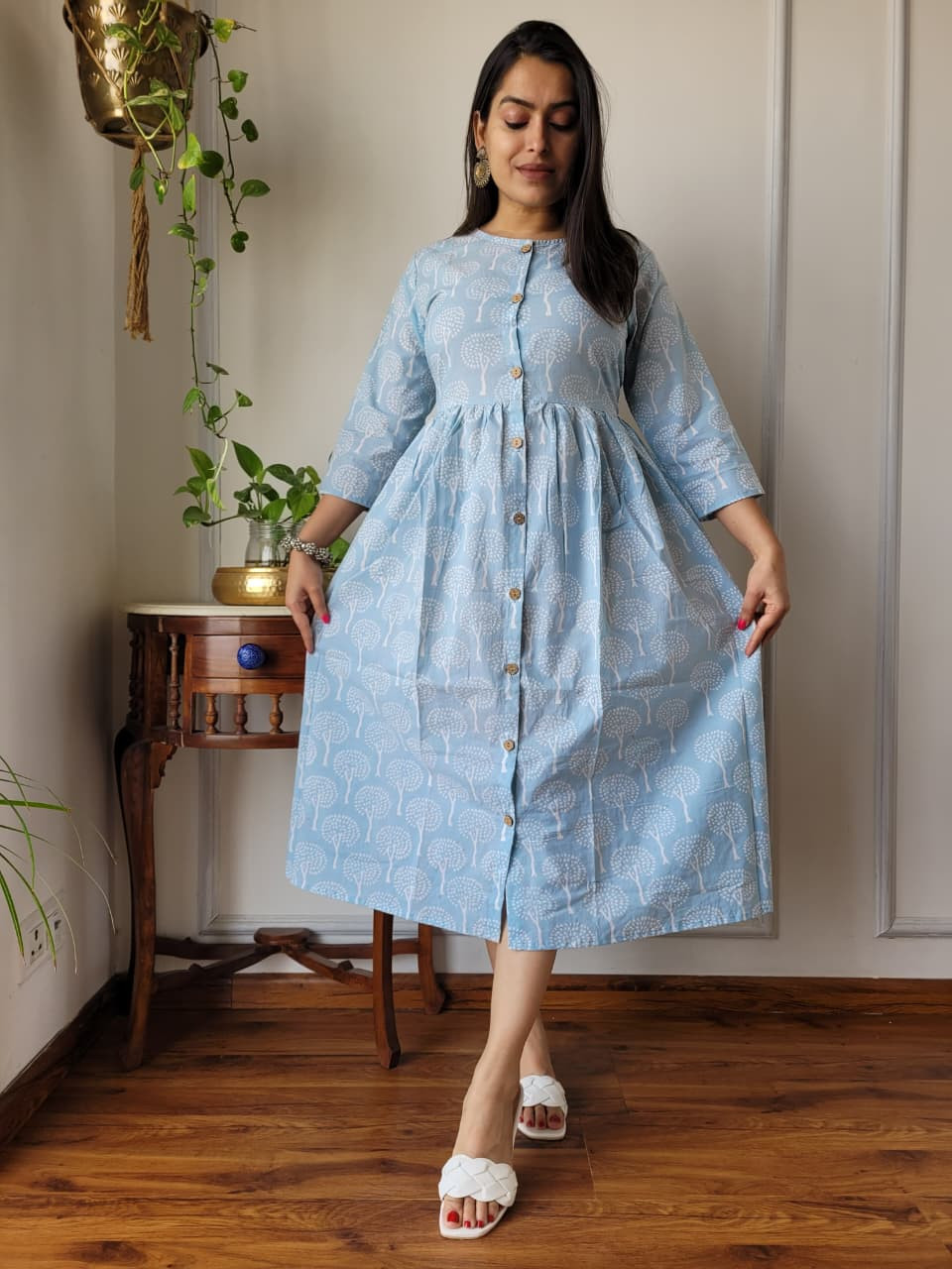 Light Blue and White Cotton Hand Block Printed One Piece Dress